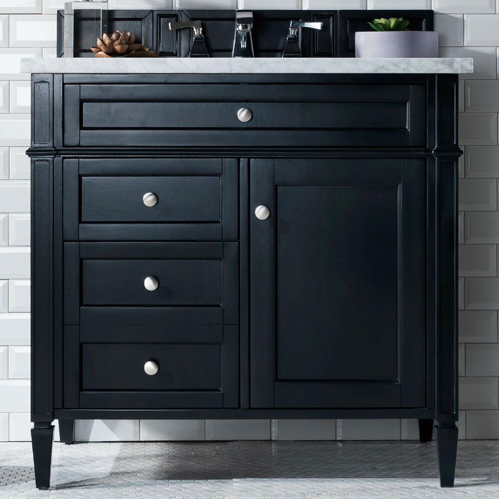 James Martin Vanities Brittany 36&quot; Single Bathroom Vanity in Black Onyx with 3 cm Carrara White Marble Top and Rectangle Sink, , large