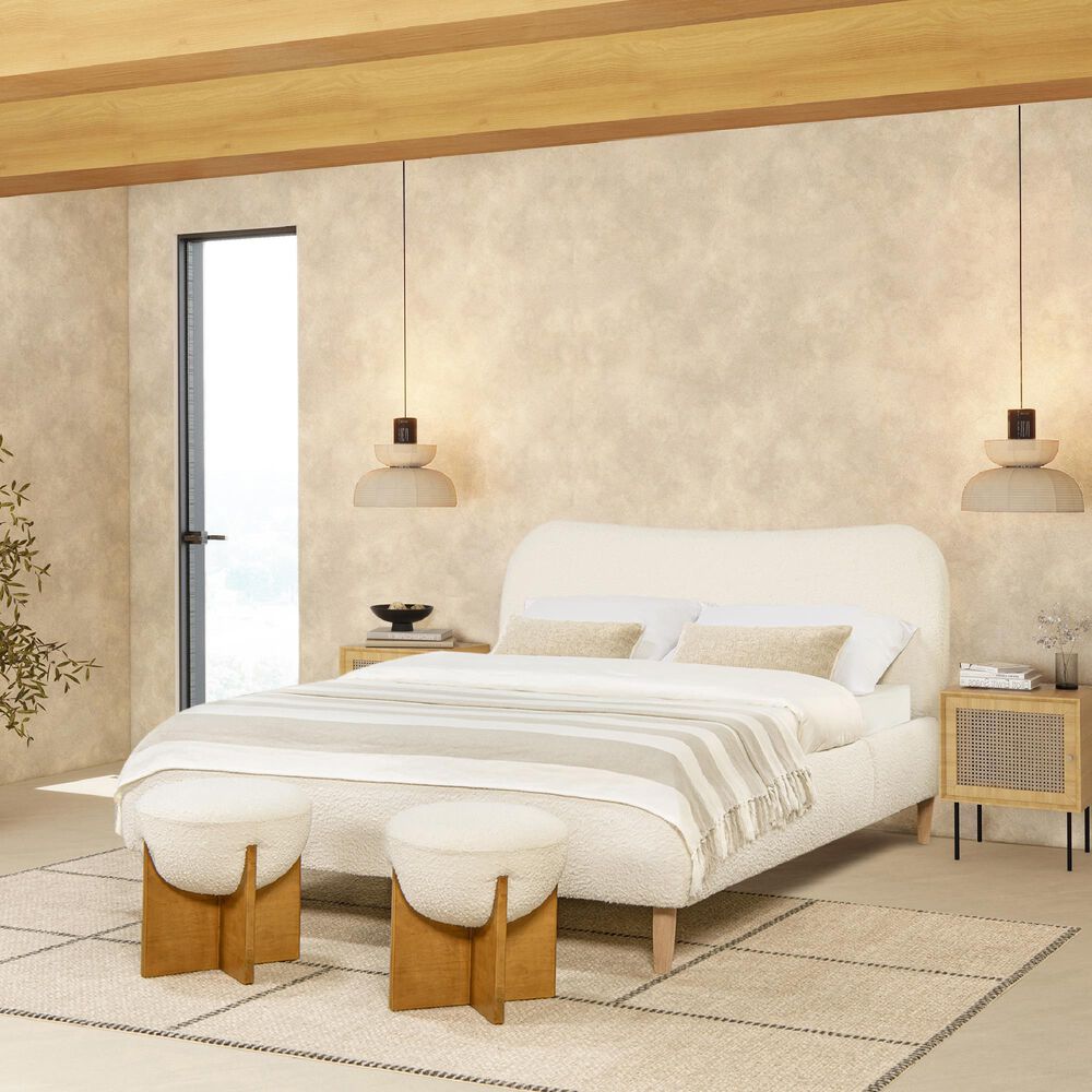 Jennifer Taylor Home Roman Queen Platform Bed with Ivory White Upholstered in Natural Whitewashed, , large