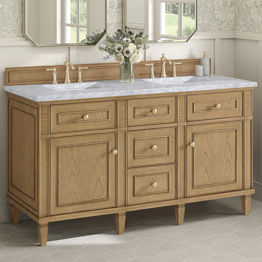 James Martin Vanities Lorelai 60&quot; Double Vanity in Light Natural Oak with 3 cm Carrara White Marble Top, , large