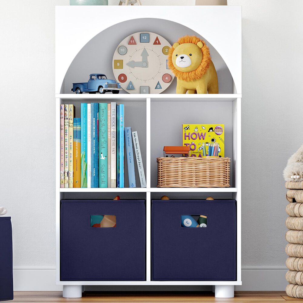 RiverRidge Home Kids Curve Appeal 23" 4-Cubby Bookcase with 2 Navy Bins in White, , large