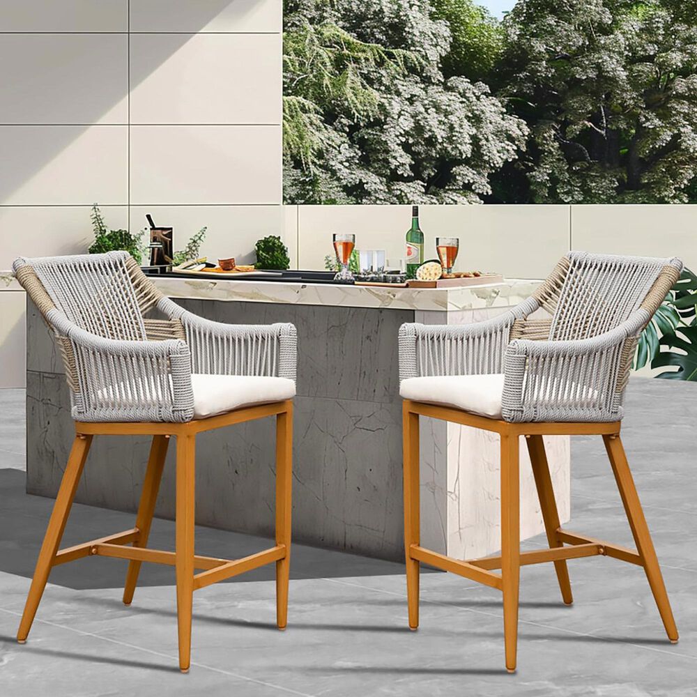 Hearth and Haven Outdoor Barstool with Square Backrest in Beige (Set of 2), , large