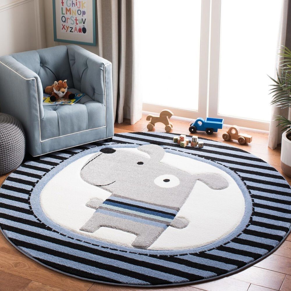 Safavieh Carousel Animals 5&#39;3&quot; Round Navy and Ivory Kids  Area Rug, , large