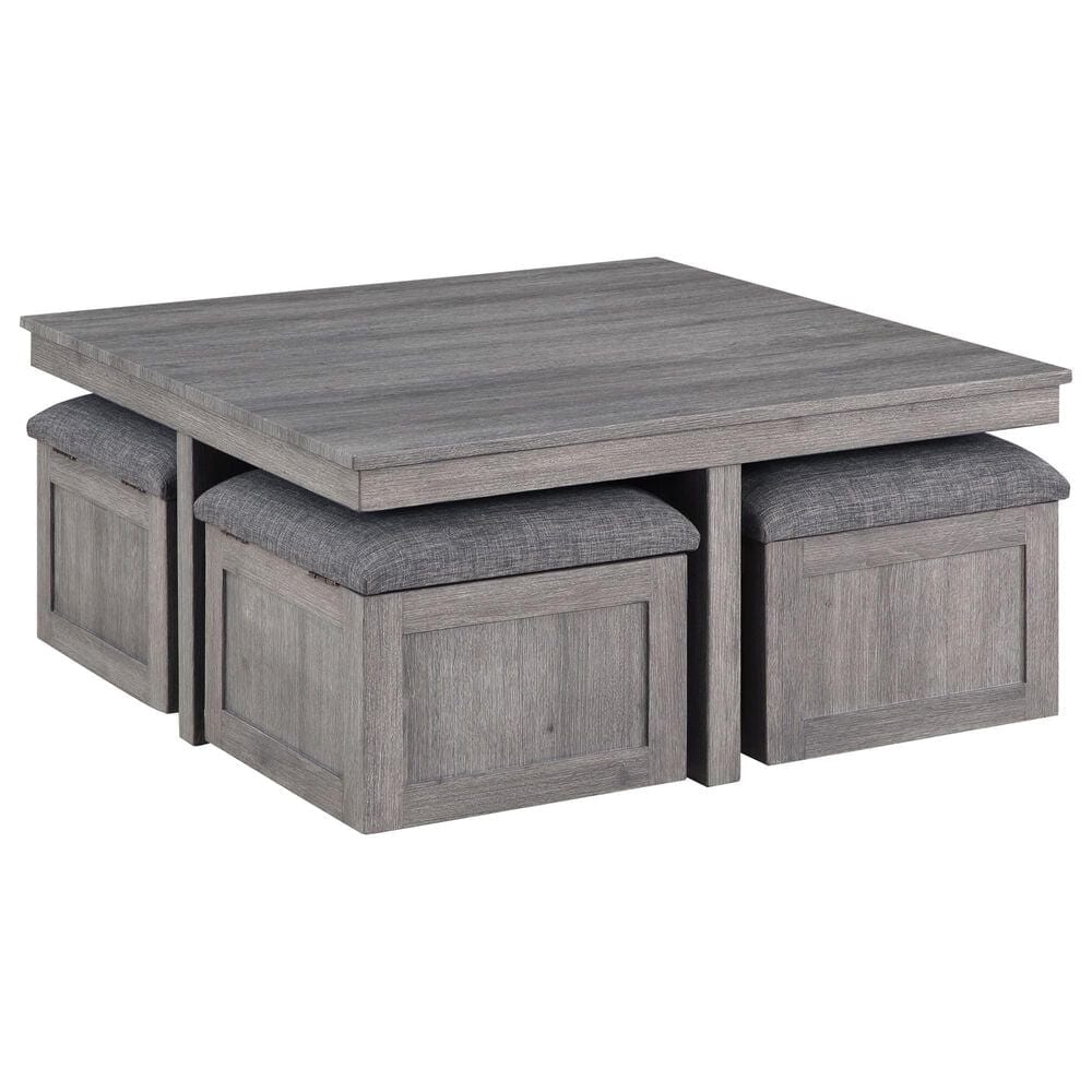HOMLUX 5-Piece 38" Coffee Table Set with 4 Nested Storage Stools in Distressed Gray, , large