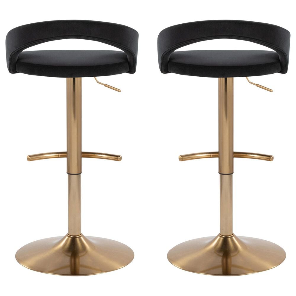LumiSource Grotto Adjustable Bar Stool with Black Velvet Upholstery in Gold (Set of 2), , large