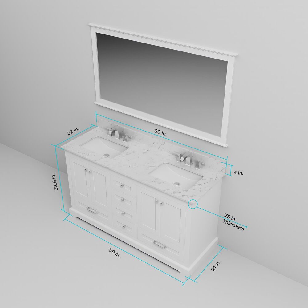Lexora Home Dukes 60&quot; Double Bathroom Vanity in White with 2 cm White Quartz Top and Rectangular Sinks, , large