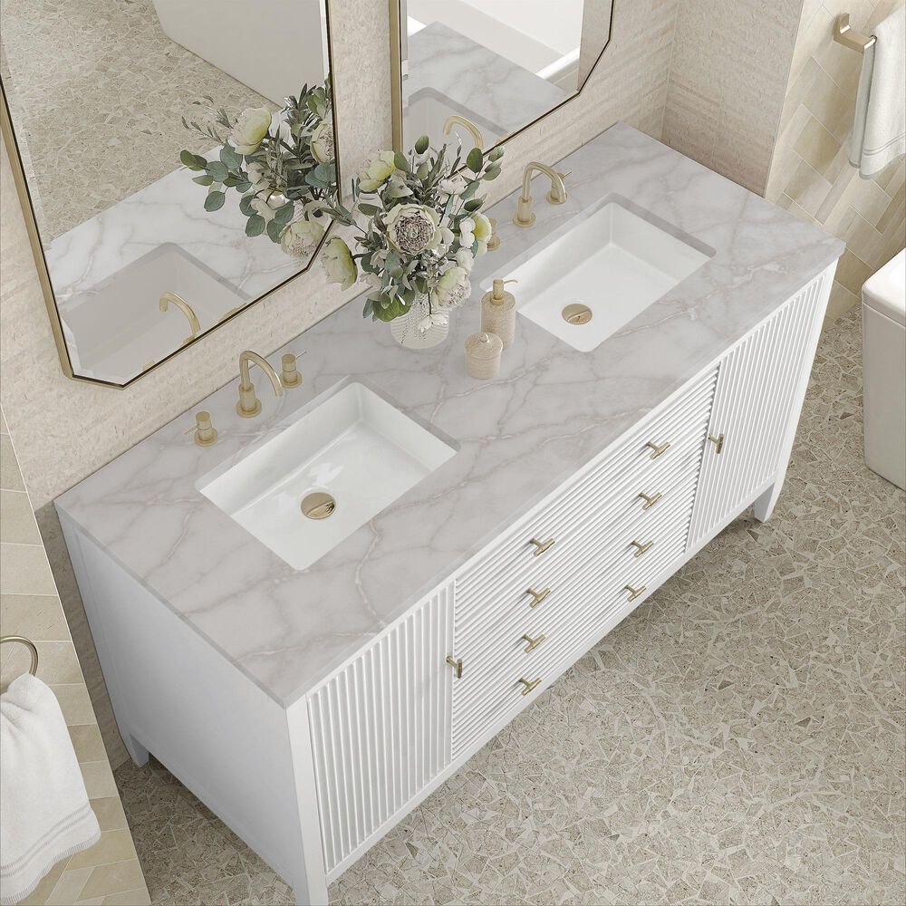 James Martin Vanities Myrrin 60" Double Bathroom Vanity in Bright White with 3 cm Eternal Jasmine Pearl Silestone Top, Rectangular Sinks and FreePower Wireless Charger, , large