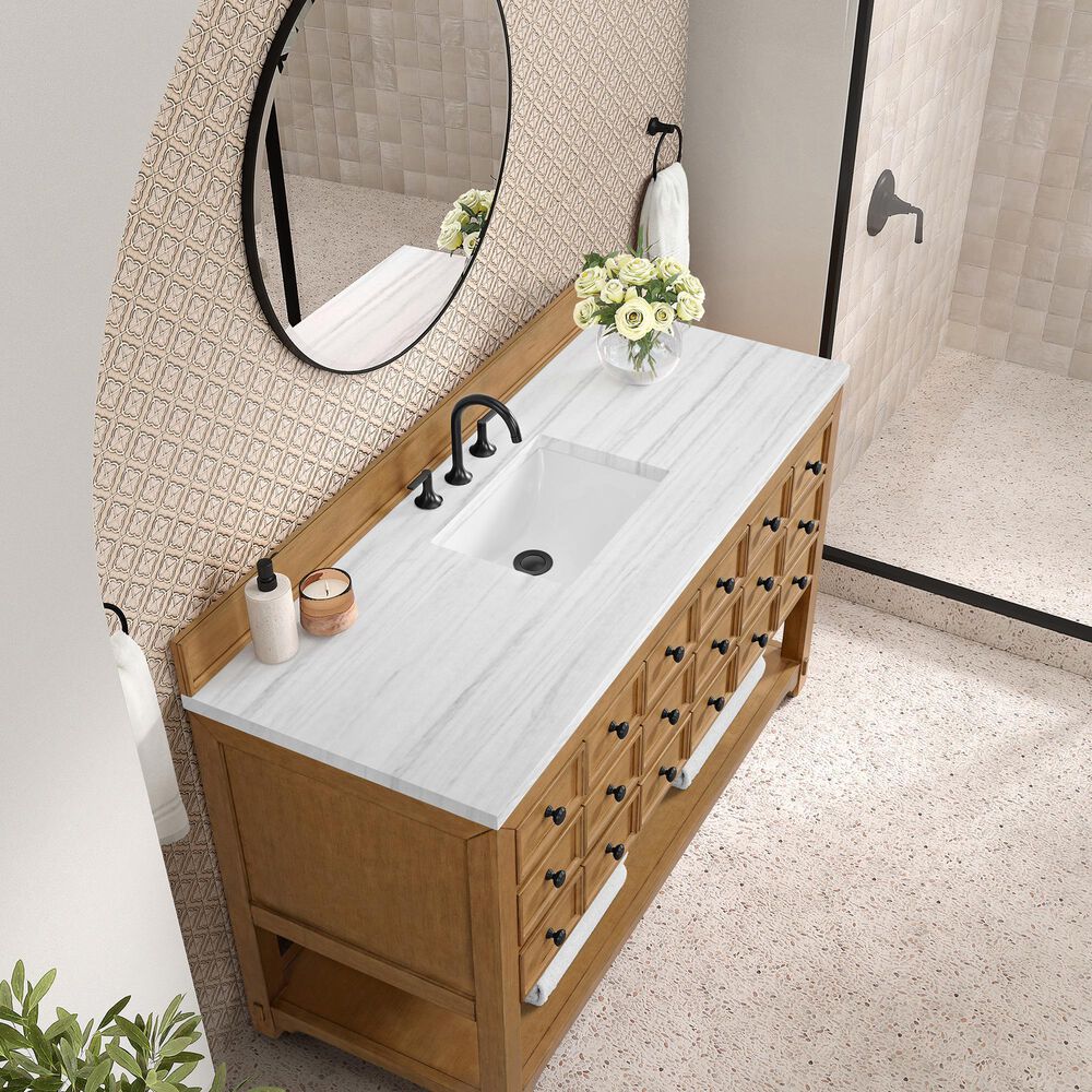 James Martin Vanities Malibu 60&quot; Single Bathroom Vanity in Amber Birch with 3 cm Arctic Fall Solid Surface Top and Rectangular Sink, , large