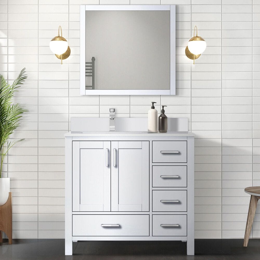 Lexora Home Jacques 36&quot; Left Offset Single Bathroom Vanity in Dark Grey with 2 cm White Quartz Top, Rectangular Sink and 34&quot; Mirror, , large