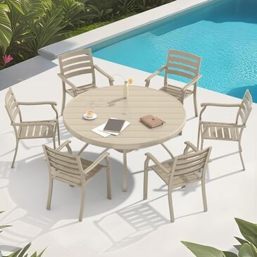 Hearth and Haven 7-Piece Outdoor Metal Dining Set with Stackable Chairs and Round Slatted Table in Sandstone, , large