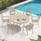 Hearth and Haven 7-Piece Outdoor Metal Dining Set with Stackable Chairs and Round Slatted Table in Sandstone, , large
