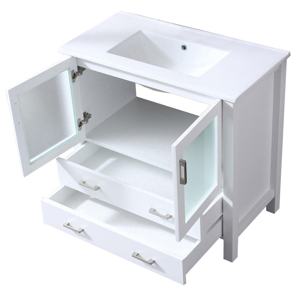 Lexora Home Volez 36&quot; Single Bathroom Vanity in White with 2 cm White Ceramic Top and Rectangular Sink, , large