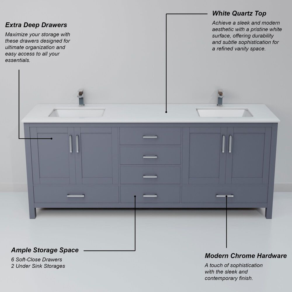 Lexora Home Jacques 72" Double Bathroom Vanity in Dark Grey with 2 cm White Quartz Top and Rectangular Sinks, , large