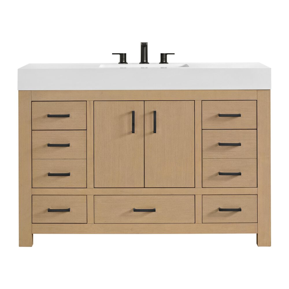 37B Alanya 48" Single Bathroom Vanity in Warm Oak with White Composite Stone Top, , large