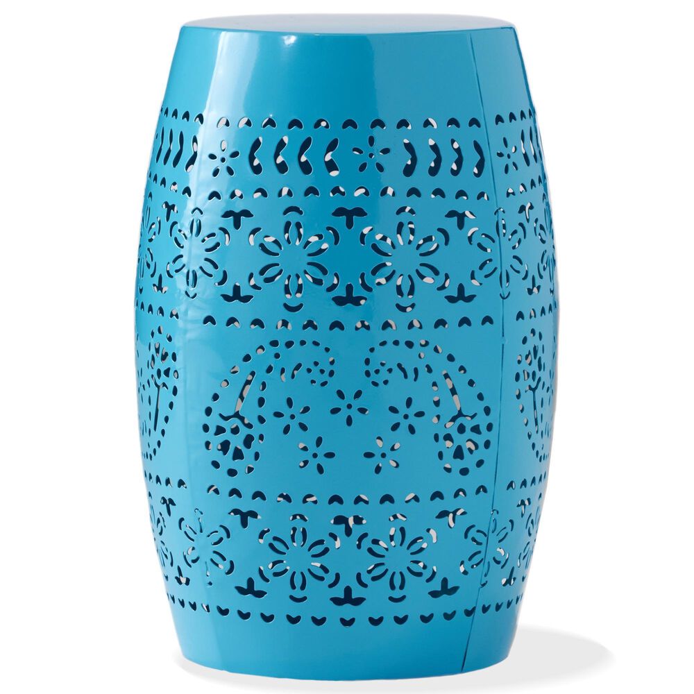 Hearth and Haven Ruby Outdoor Barrel End Table with Lace-Cut Design in Blue, , large