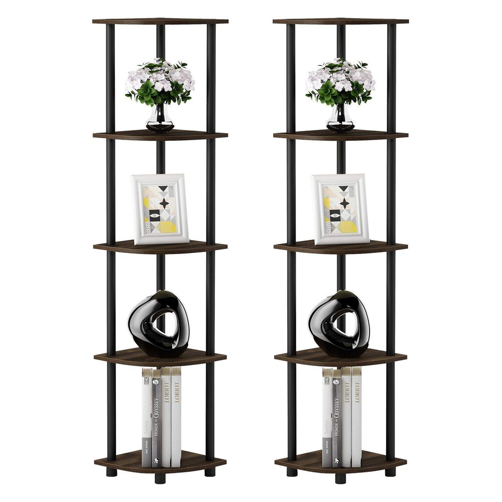 HOMLUX 5-Tier Multi-Purpose Corner Open Bookshelf in Columbia Walnut and Black (Set of 2), , large