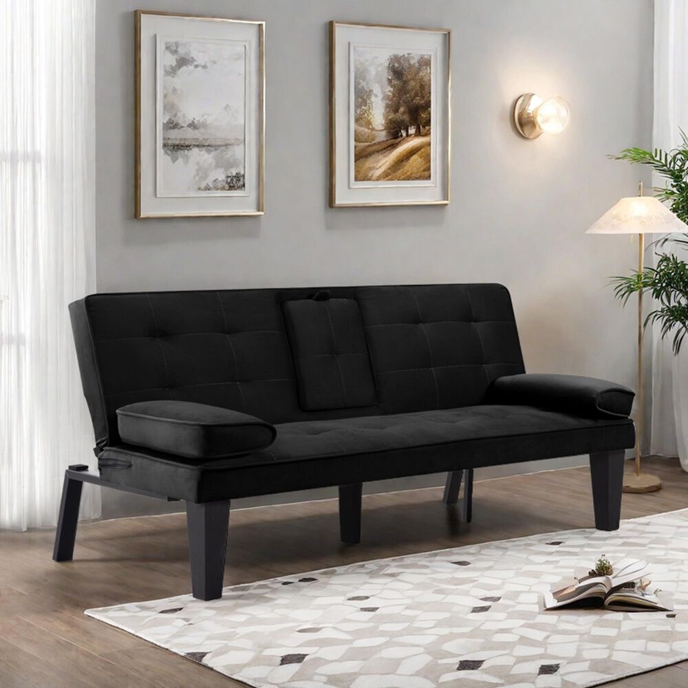HOMLUX 65" Futon Sleeper Sofa Bed with Adjustable Backrest and Cup Holders in Black, , large