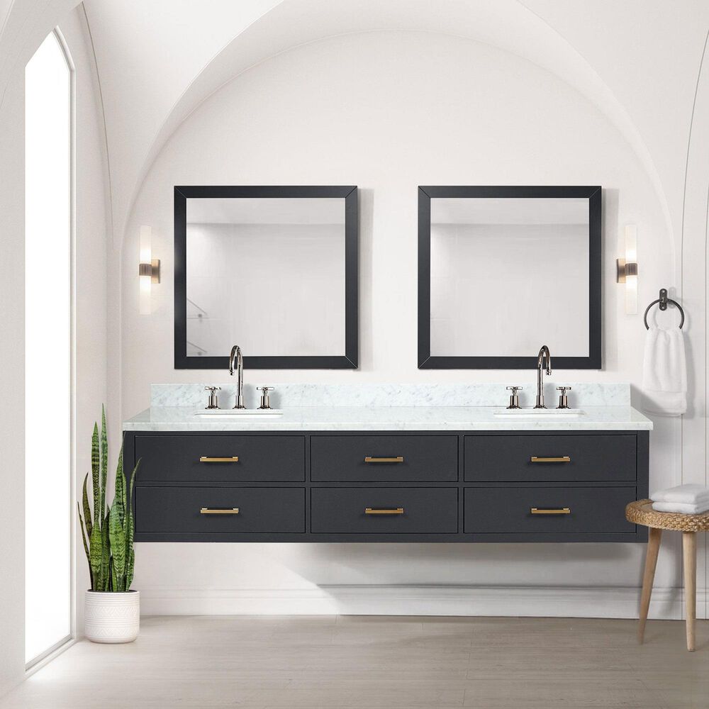 Lexora Home Castor 84&quot; Double Bathroom Vanity in Blue with 2 cm White Carrara Marble Top and Rectangular Sinks, , large