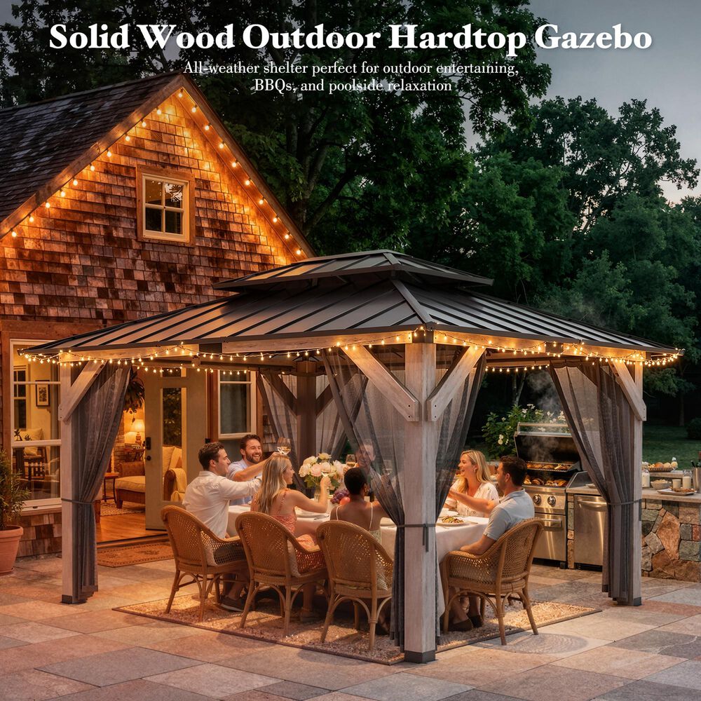 HOMLUX 12' x 14' Patio Hardtop Gazebo with Wood Posts in Light Gray, , large