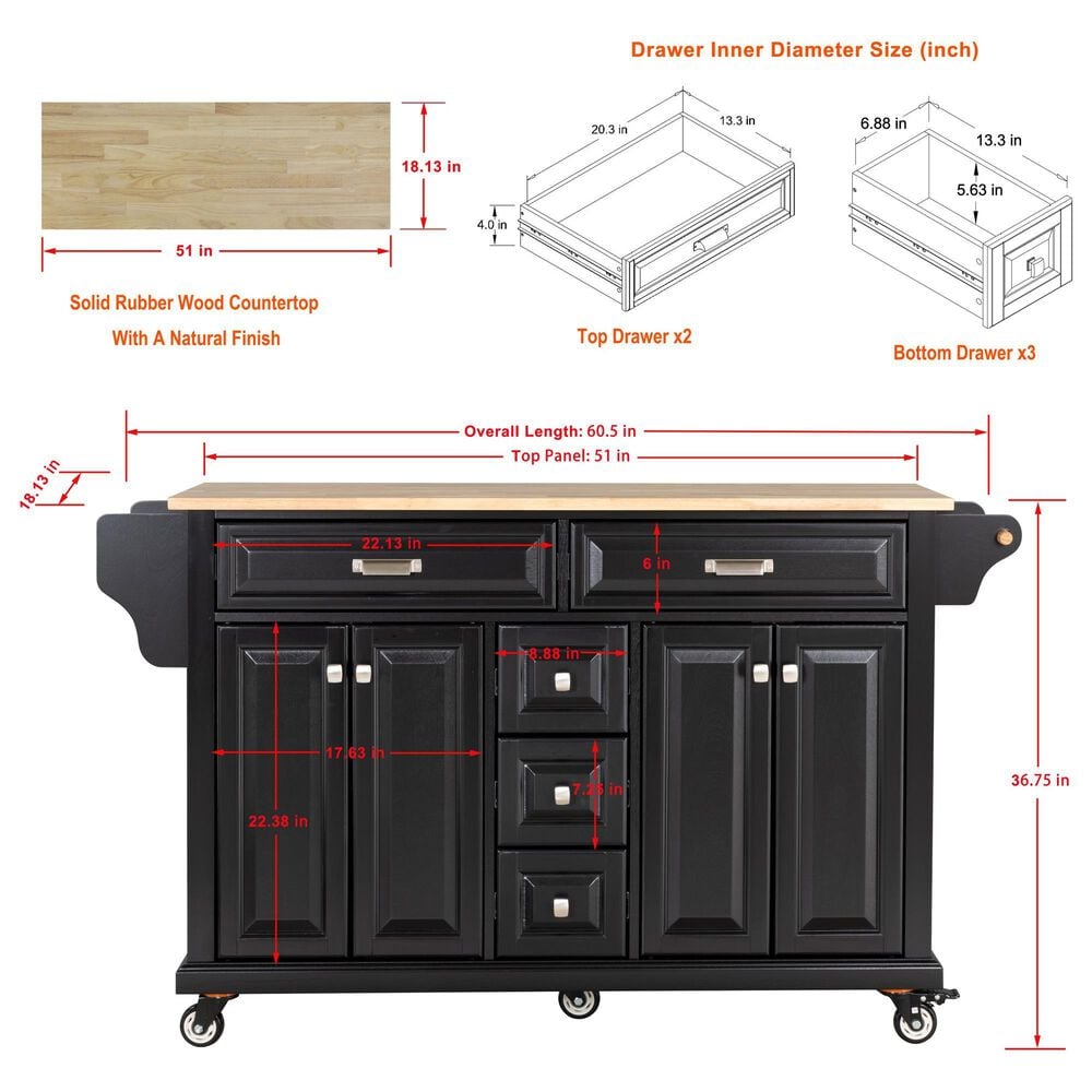 HOMLUX Kitchen Island Cart with Storage Cabinet in Black, , large