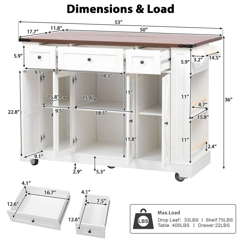 HOMLUX 53" Kitchen Island with Two Tempered Glass Cabinet Door in White, , large