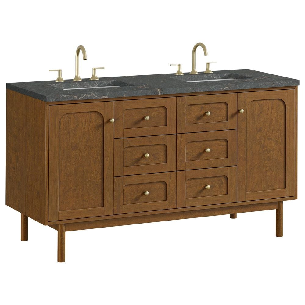 James Martin Laurent 60" Double Bathroom Vanity in Honey Oak with 3 cm Parisien Bleu Silestone Top, Rectangular Sinks and FreePower Wireless Charger, , large