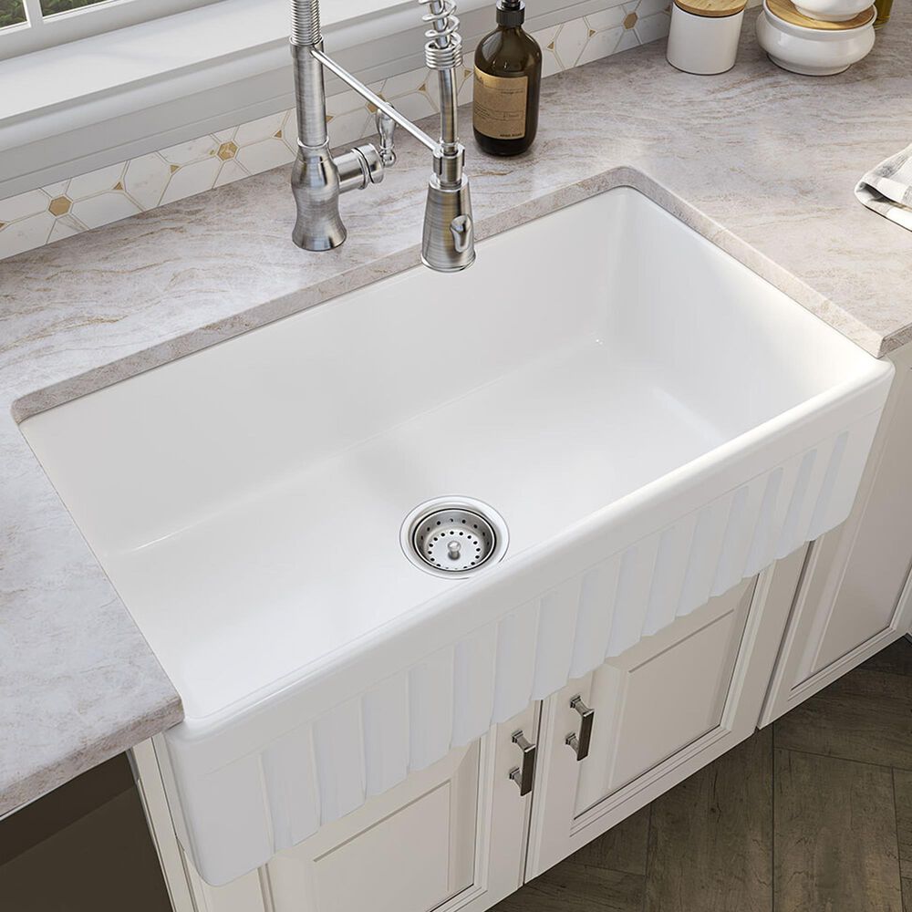 MS International Undermount Farmhouse Single Bowl Kitchen Sink in White, , large