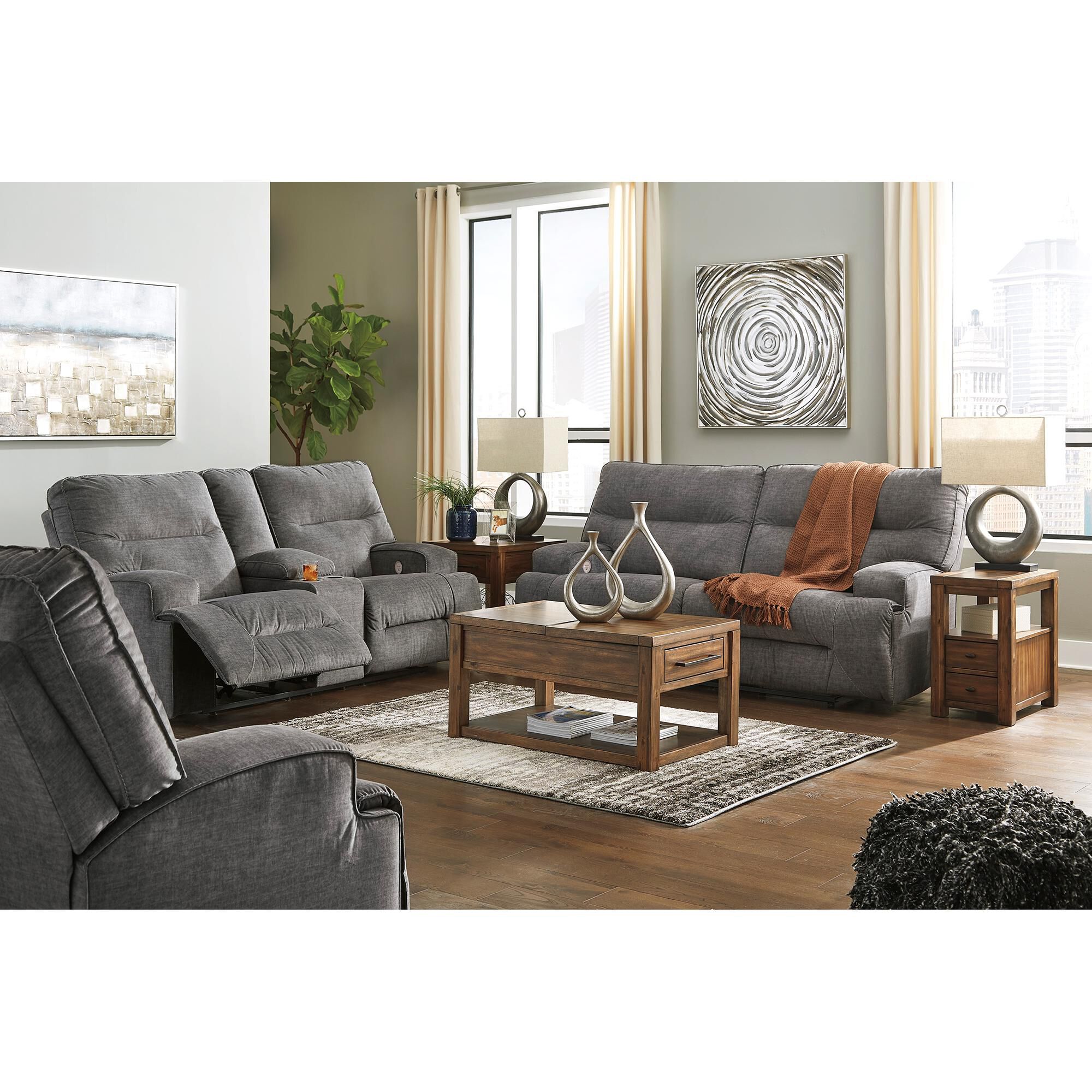 Benchcraft Coombs 2 Seat Power Reclining Sofa in Charcoal NFM
