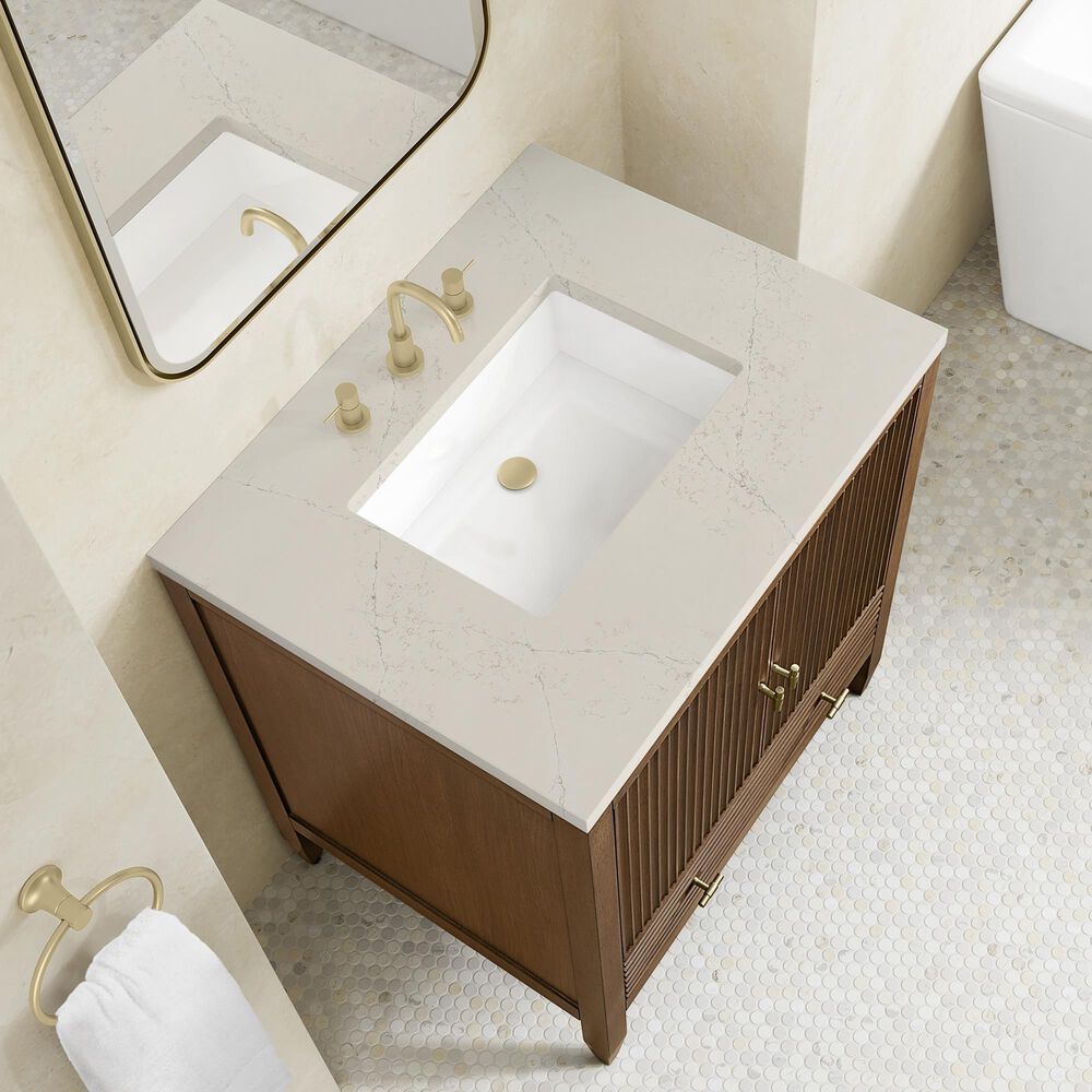 James Martin Myrrin 30" Single Bathroom Vanity in Mid-Century Walnut with 3 cm Siberian Silestone Top and Rectangular Sink, , large