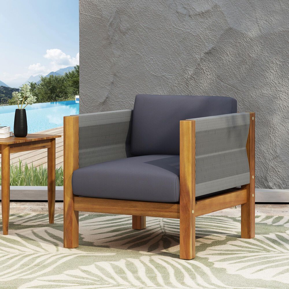 Hearth and Haven Laurel Outdoor Rattan Club Chair with Gray Cushion in Teak, , large
