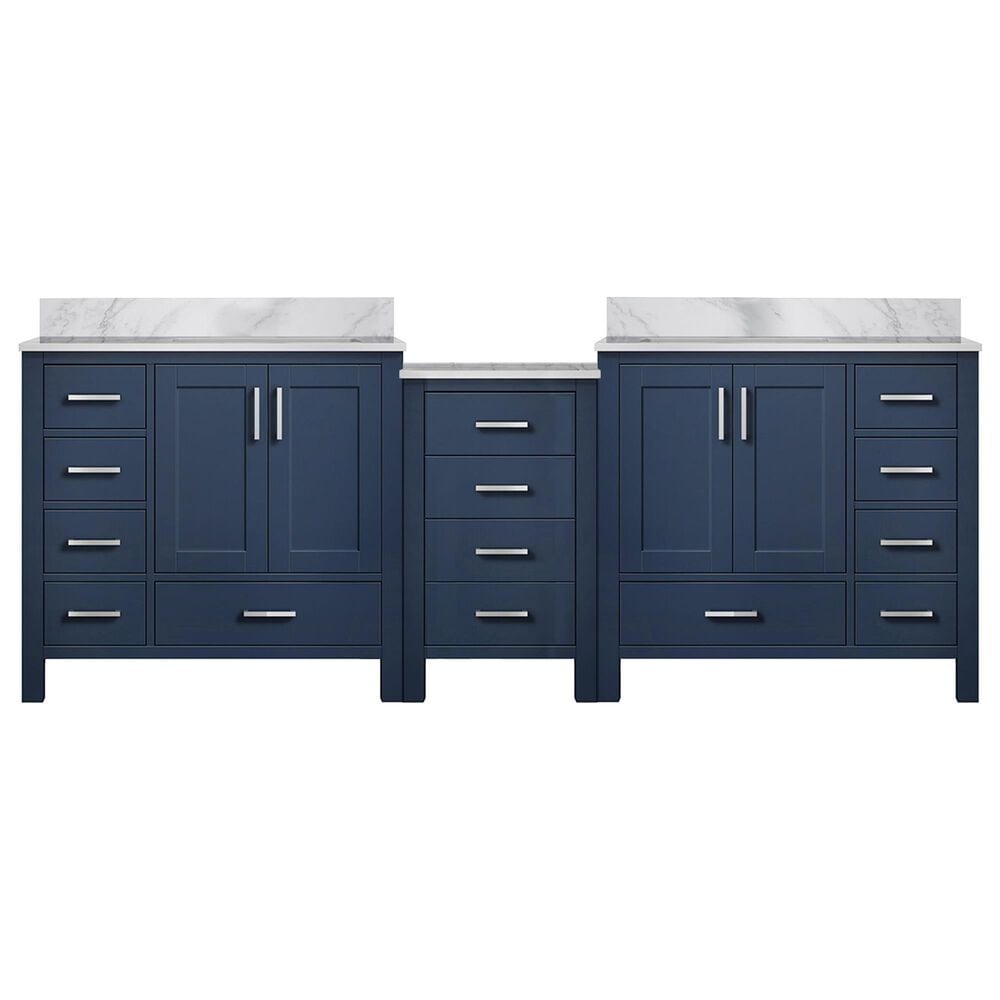 Lexora Home Coraline 92" Double Bathroom Vanity in Navy Blue with White Carrara Marble Top and Rectangular Sinks, , large