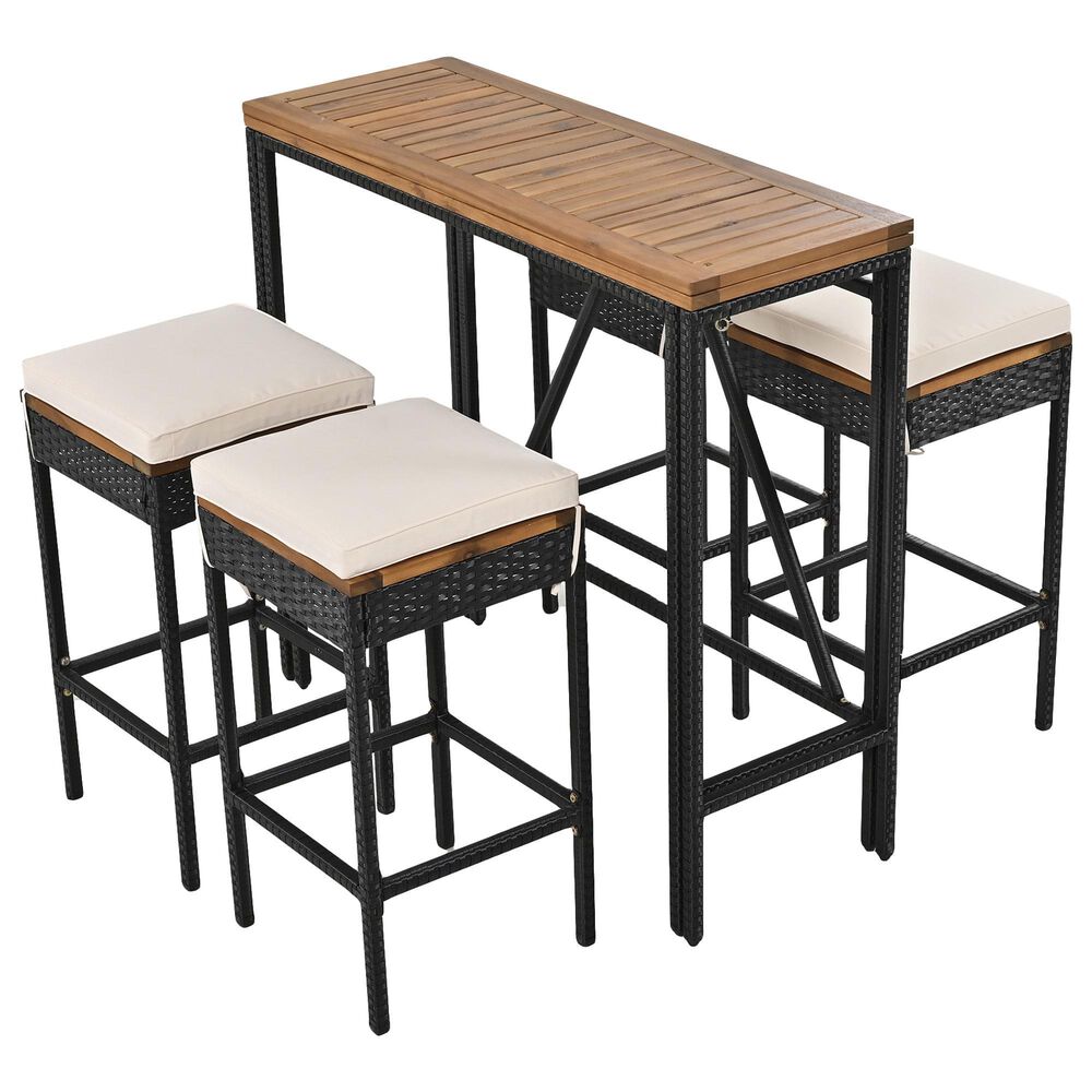 Hearth and Haven 5-Piece Outdoor Patio Wicker Bar Set with Off-White Cushion in Black and Brown, , large