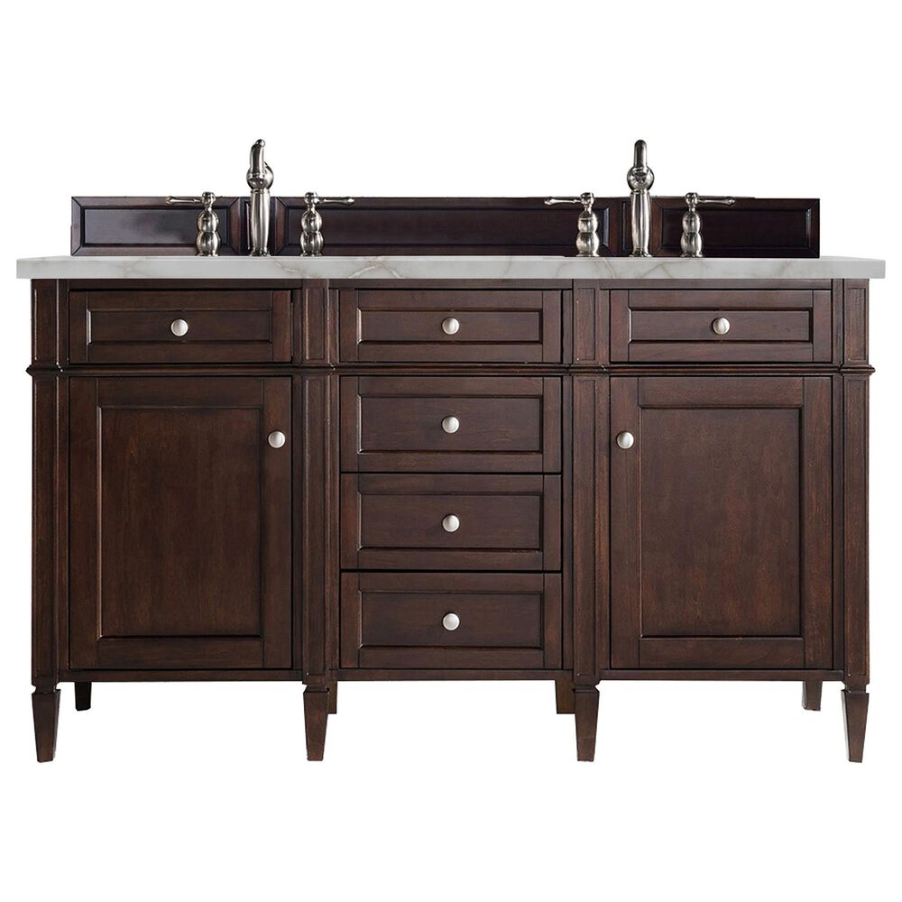 James Martin Vanities Brittany 60" Double Bathroom Vanity in Burnished Mahogany with 3 cm Victorian Silver Quartz Top and Rectangular Sinks, , large