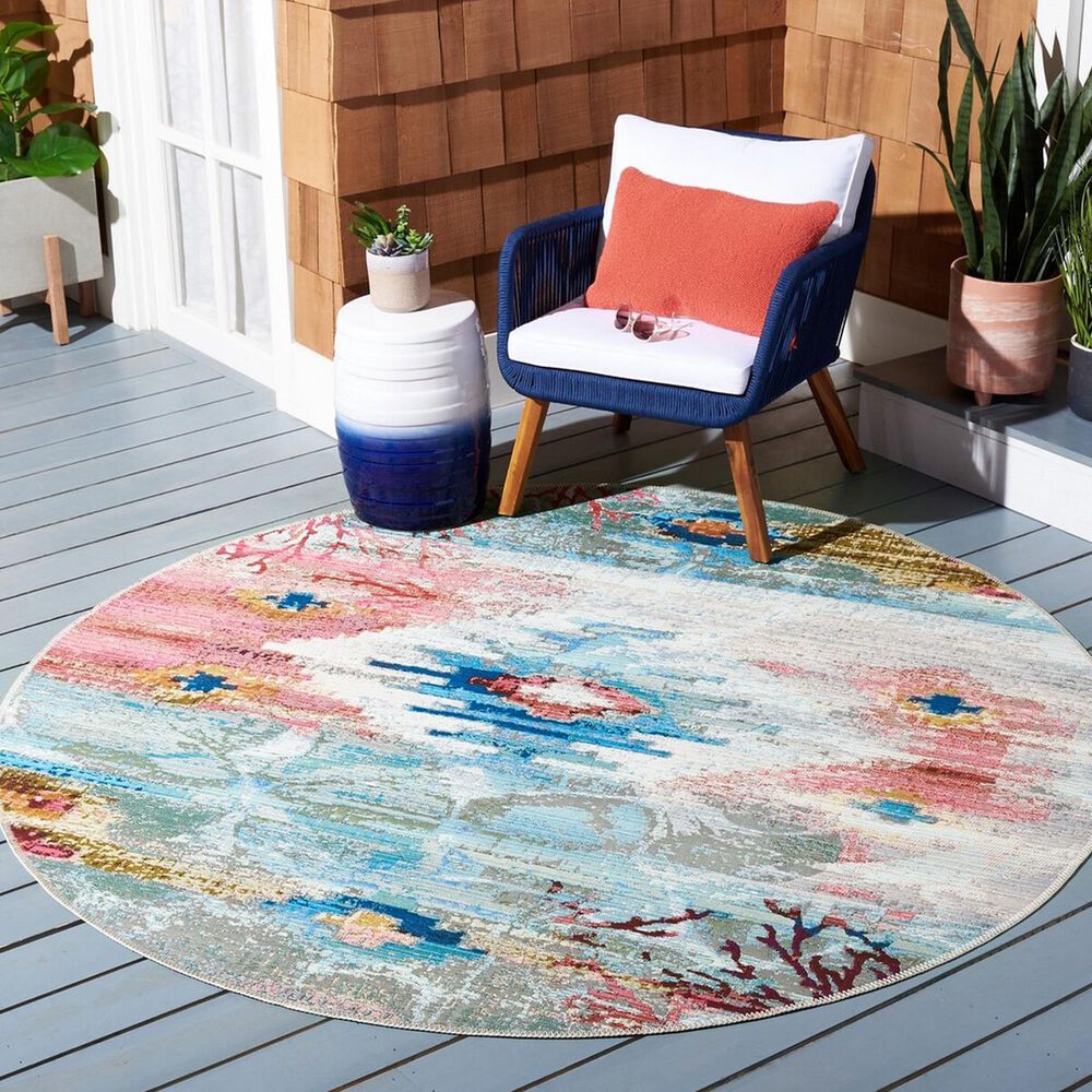 Safavieh Barbados Tropical Abstract 6&#39;6&quot; Round Light Blue and Pink Indoor/Outdoor Area Rug, , large