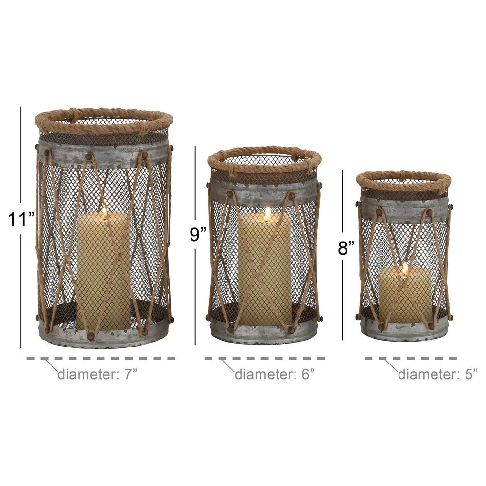 Maple and Jade Decorative Indoor/Outdoor Candle Lantern in Galvanized Silver and Brown &#40;Set of 3&#41;, , large
