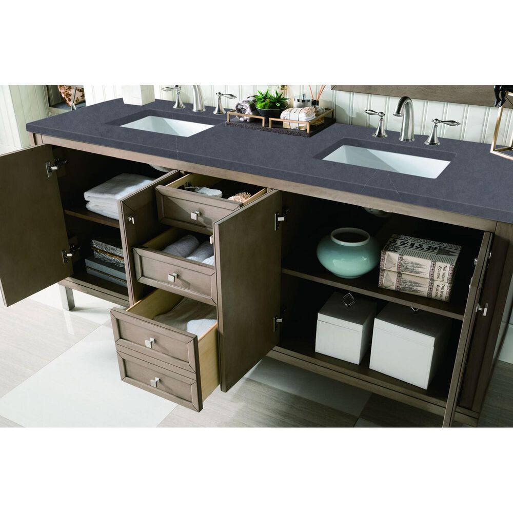 James Martin Vanities Chicago 72&quot; Double Bathroom Vanity in Whitewashed Walnut with 3 cm Charcoal Soapstone Quartz Top and Rectangular Sinks, , large