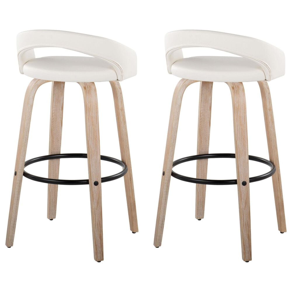 LumiSource Grotto Swivel Bar Stool with White Faux Leather Upholstery in Whitewashed Wood and Black (Set of 2), , large