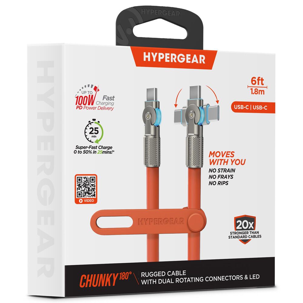 Hypercel Chunky 180 Degrees 12" USB-C to USB-C Cable in Orange, , large