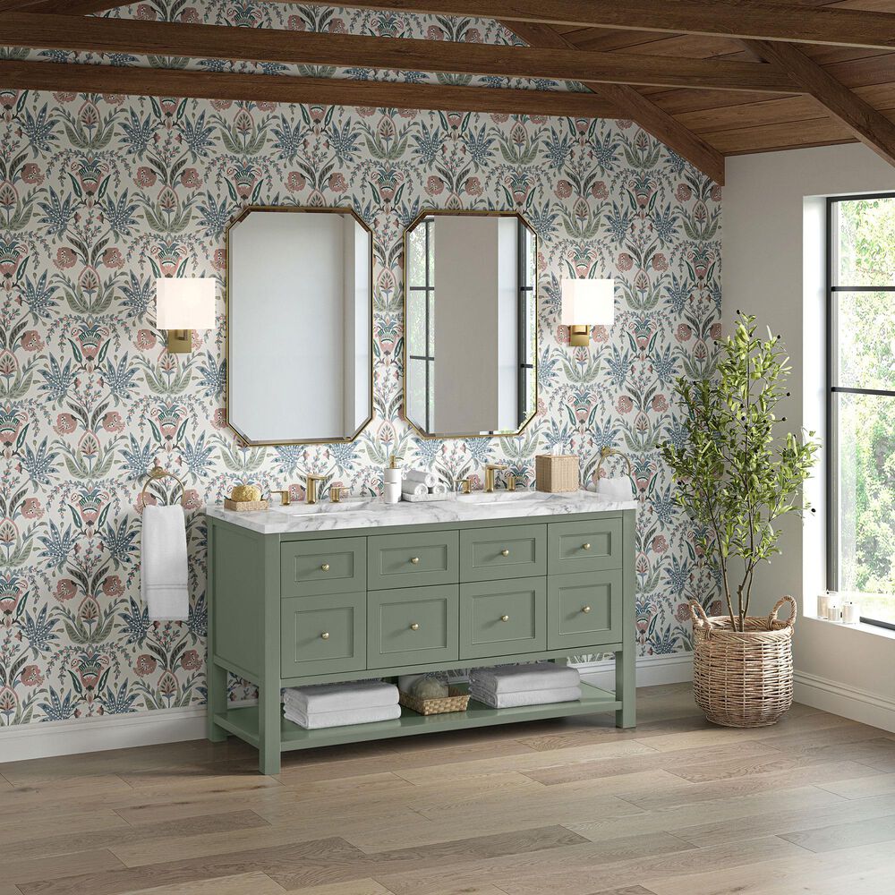 James Martin Vanities Breckenridge 60&quot; Double Bathroom Vanity in Smokey Celadon with 3 cm Carrara White Marble Top and Rectangular Sinks, , large
