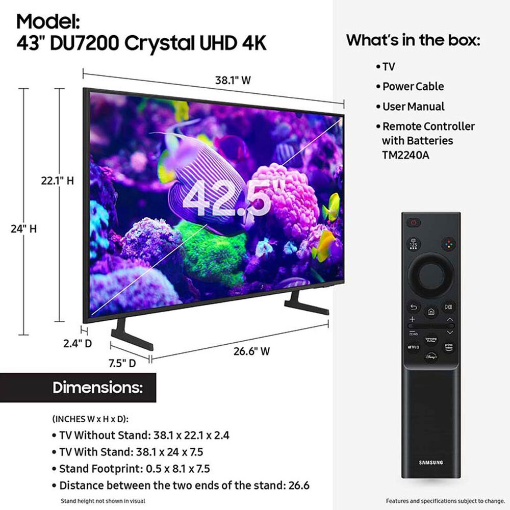 Samsung 43" Class DU7200 4K Crystal UHD with HDR in Titan Gray Smart
