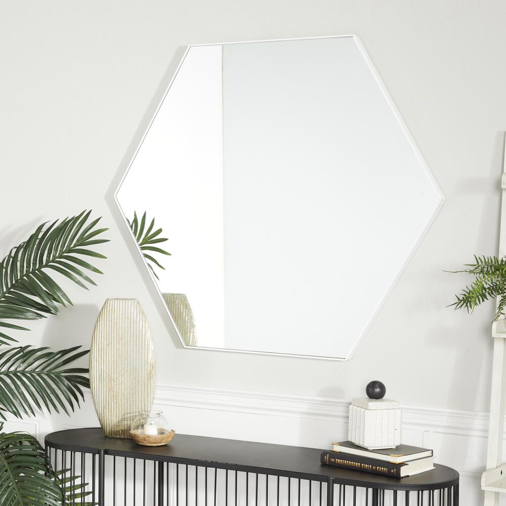 Maple and Jade 40&quot; Hexagon Wood Wall Mirror with Thin Minimalistic Frame in White, , large