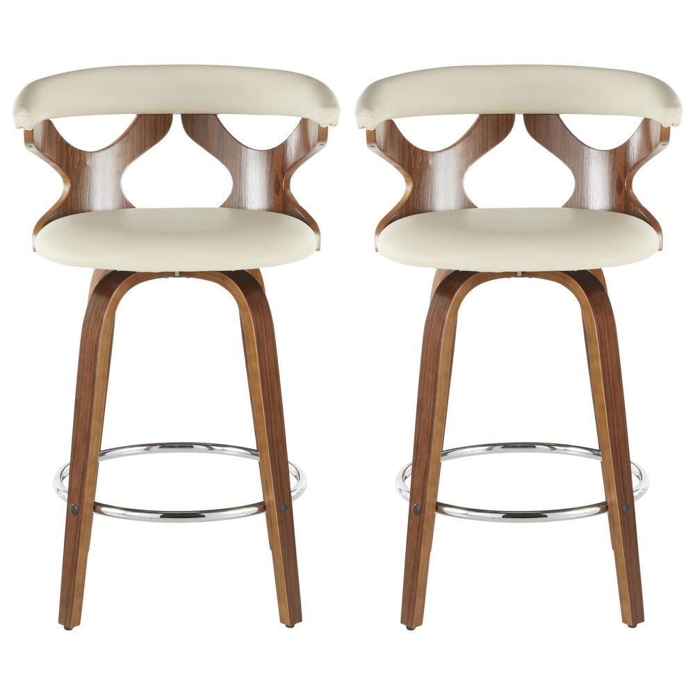 LumiSource Gardenia Swivel Fixed-Height Counter Stool with Cream Fabric Upholstery in Chrome and Walnut (Set of 2), , large