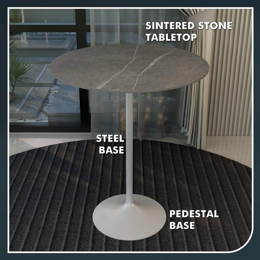 Leisuremod LeisureMod Verve Collection Modern Bar Height Table White Base with 36 Round Marble Grey Sintered Stone Top, , large