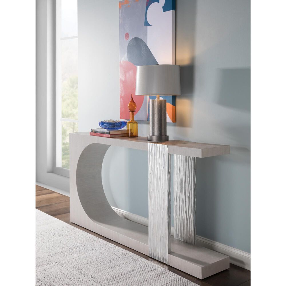 Artistica Metal Sereno Long Console Table in Misty White Gray Oak and Silver Leaf, , large