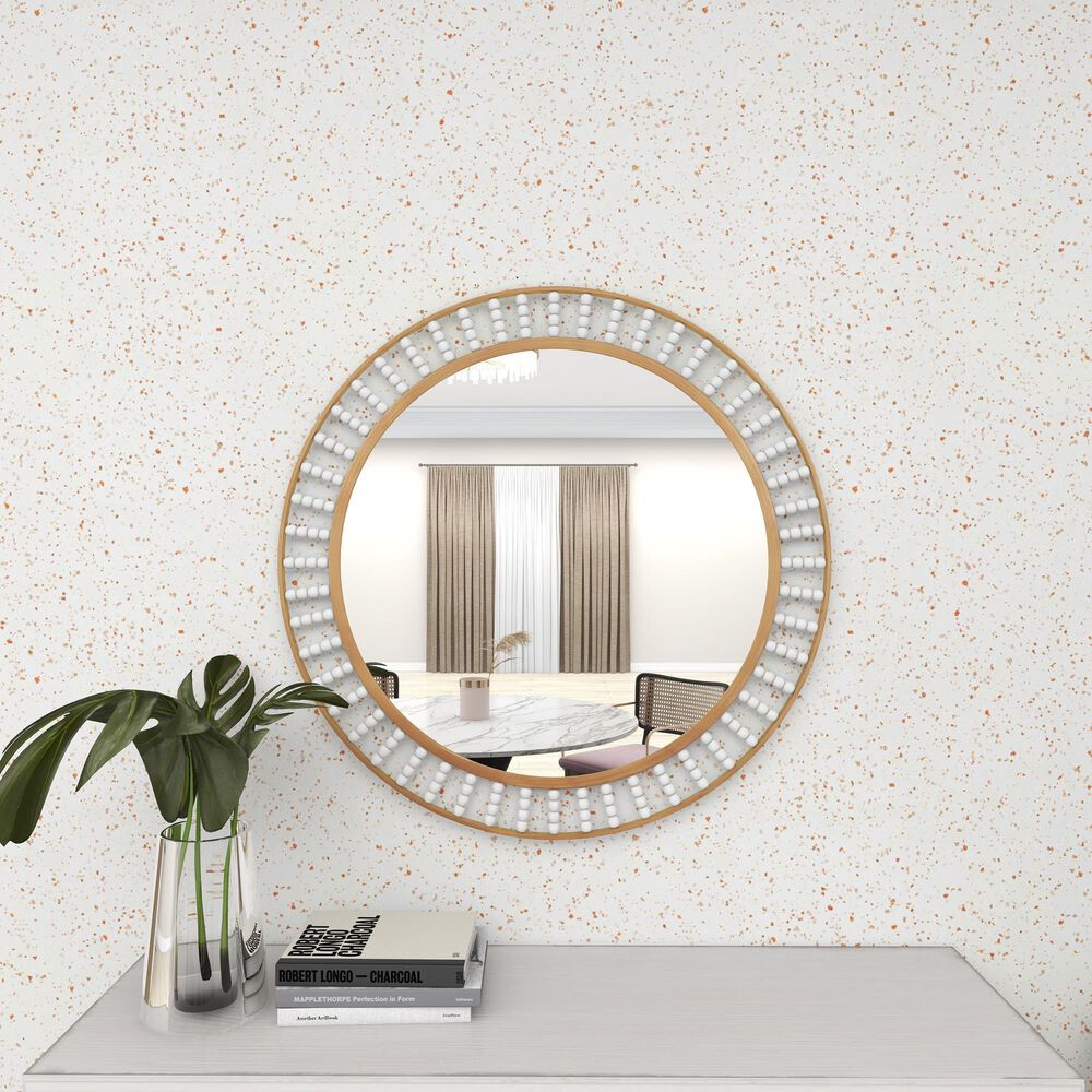 Maple and Jade 32&quot; Round Wall Mirror in Golden Brown and White, , large