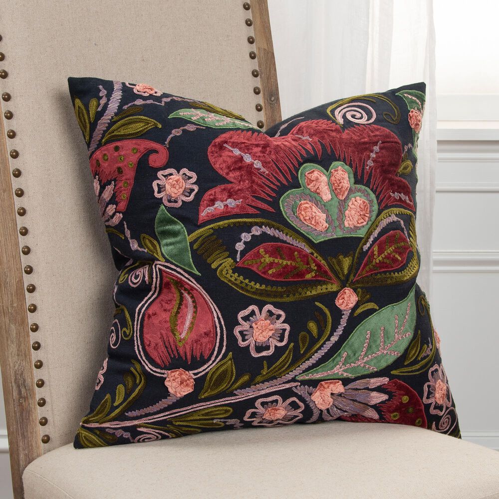 Rizzy Home Floral 20" Down Filled Pillow in Black, , large