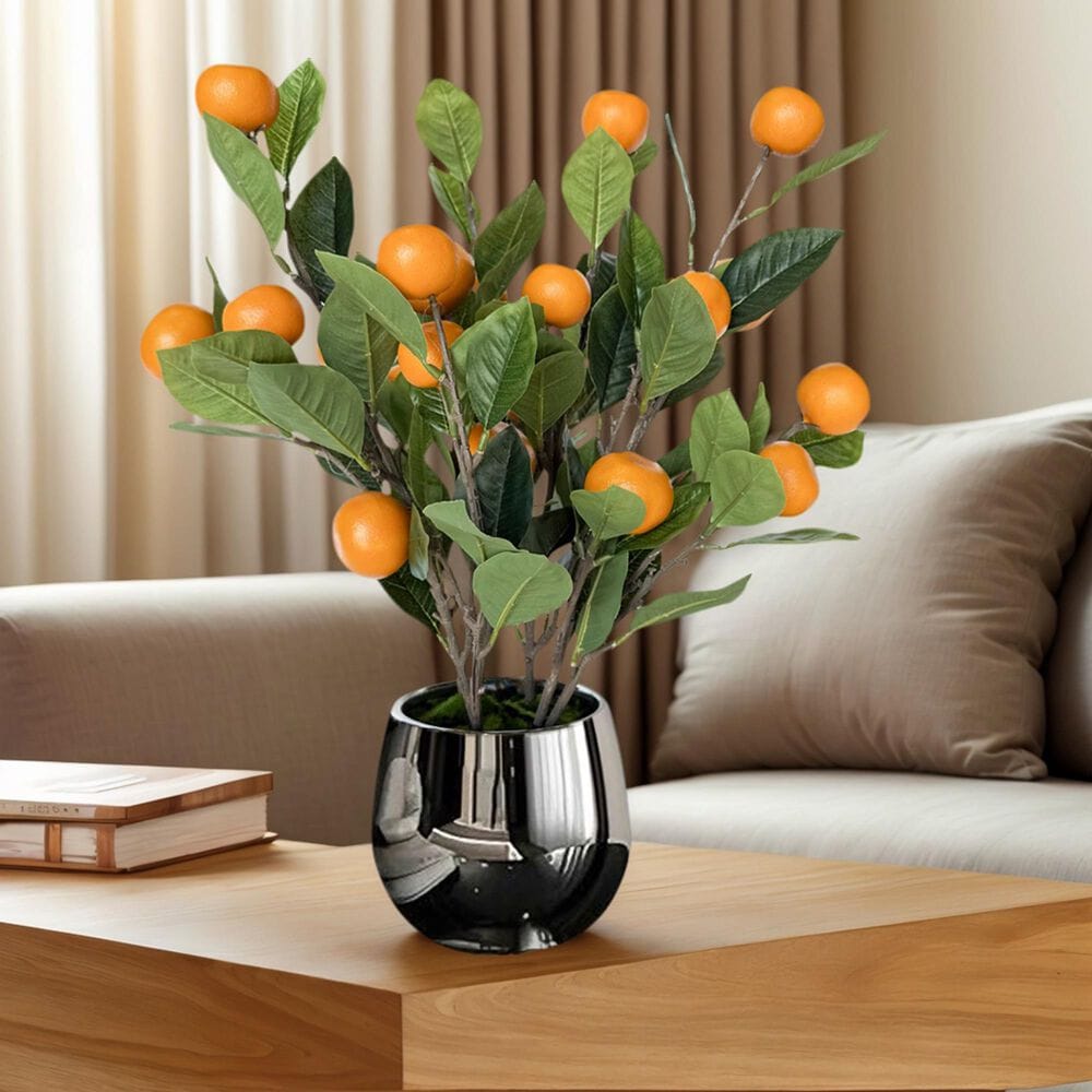 HOMLUX 19" Artificial Orange Fruit Plant with Faux Fruit and Silver Planter, , large