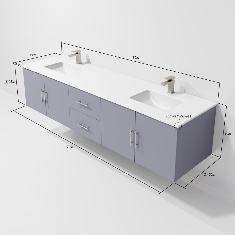 Lexora Home Geneva 80" Double Bathroom Vanity in Dark Grey with 2 cm White Quartz Top and Rectangular Sinks, , large