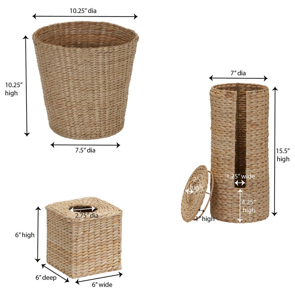 Household Essentials 3-Piece Wicker Bathroom Accessories Set with Toilet Tissue Stand, Wastebasket and Tissue Box in Brown, , large