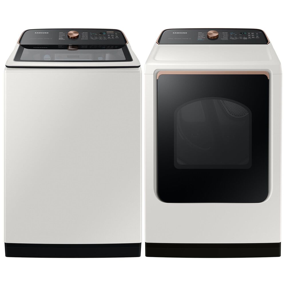 Samsung 5.5 Cu. Ft. Extra-Large Capacity Smart Top Load Washer with Auto Dispense System and 7.4 Cu. Ft. Smart Gas Dryer with Steam Sanitize+ in Ivory, , large