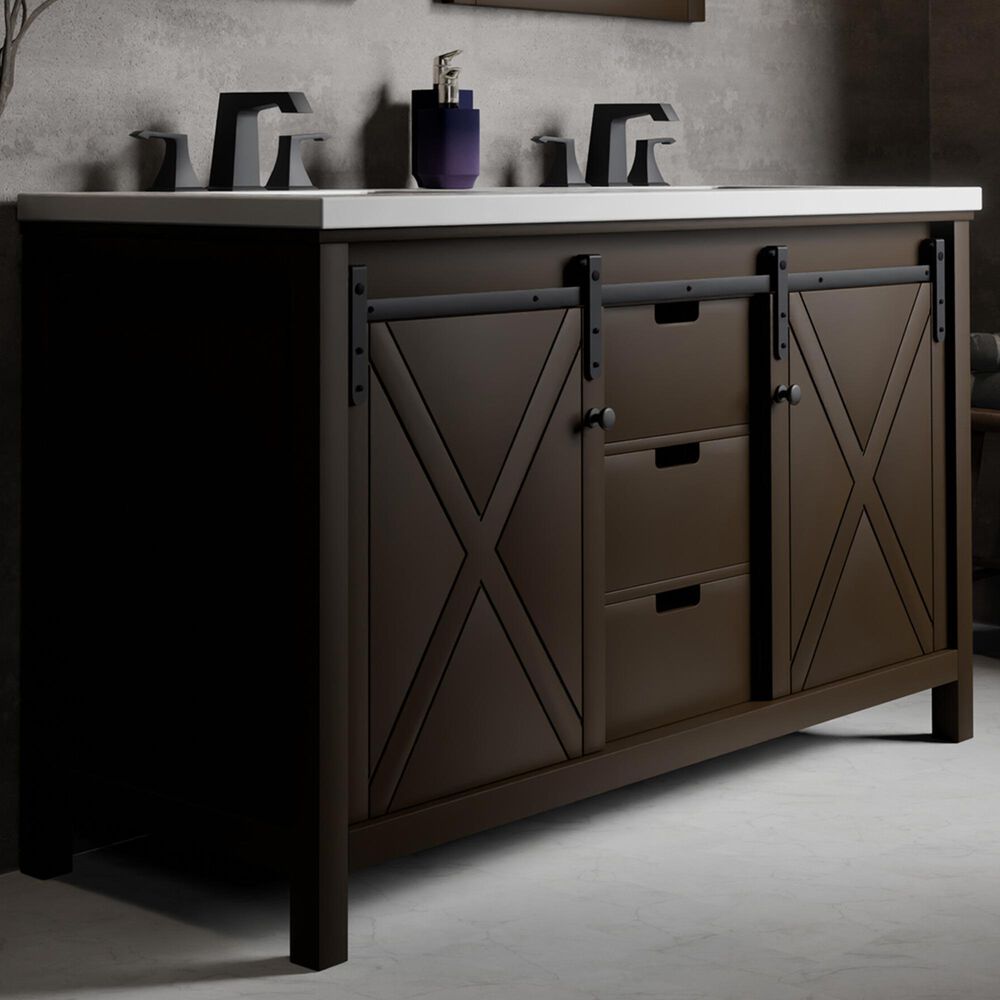 Lexora Home Marsyas 60" Double Bathroom Vanity in Brown with White Quartz Top and Rectangular Sinks, , large